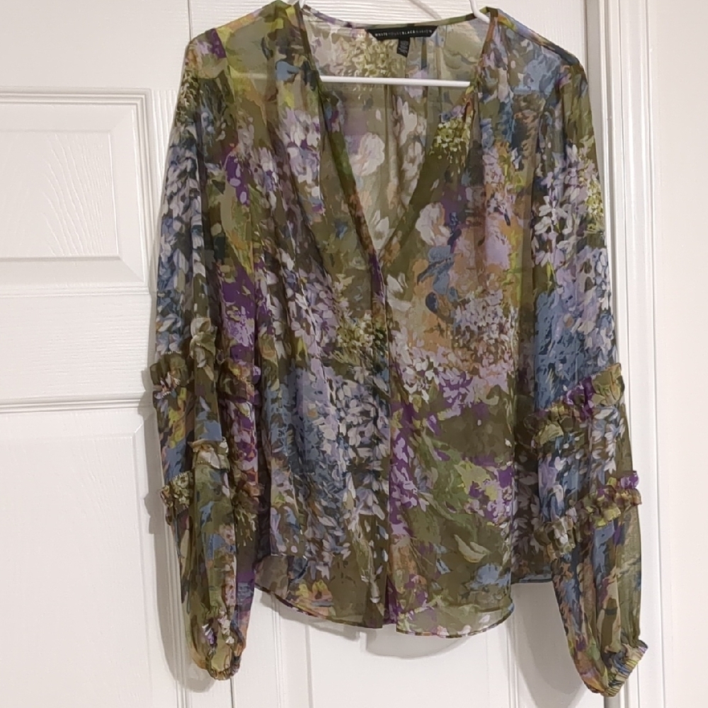 White House Black Market Green and Purple Wrap Ruffled Blouse
